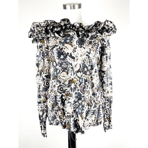 BILL BLASS NEW YORK Ruffle Long Sleeve 100% Silk Floral Side Buttons Blouse Sz 6 - Picture 1 of 7